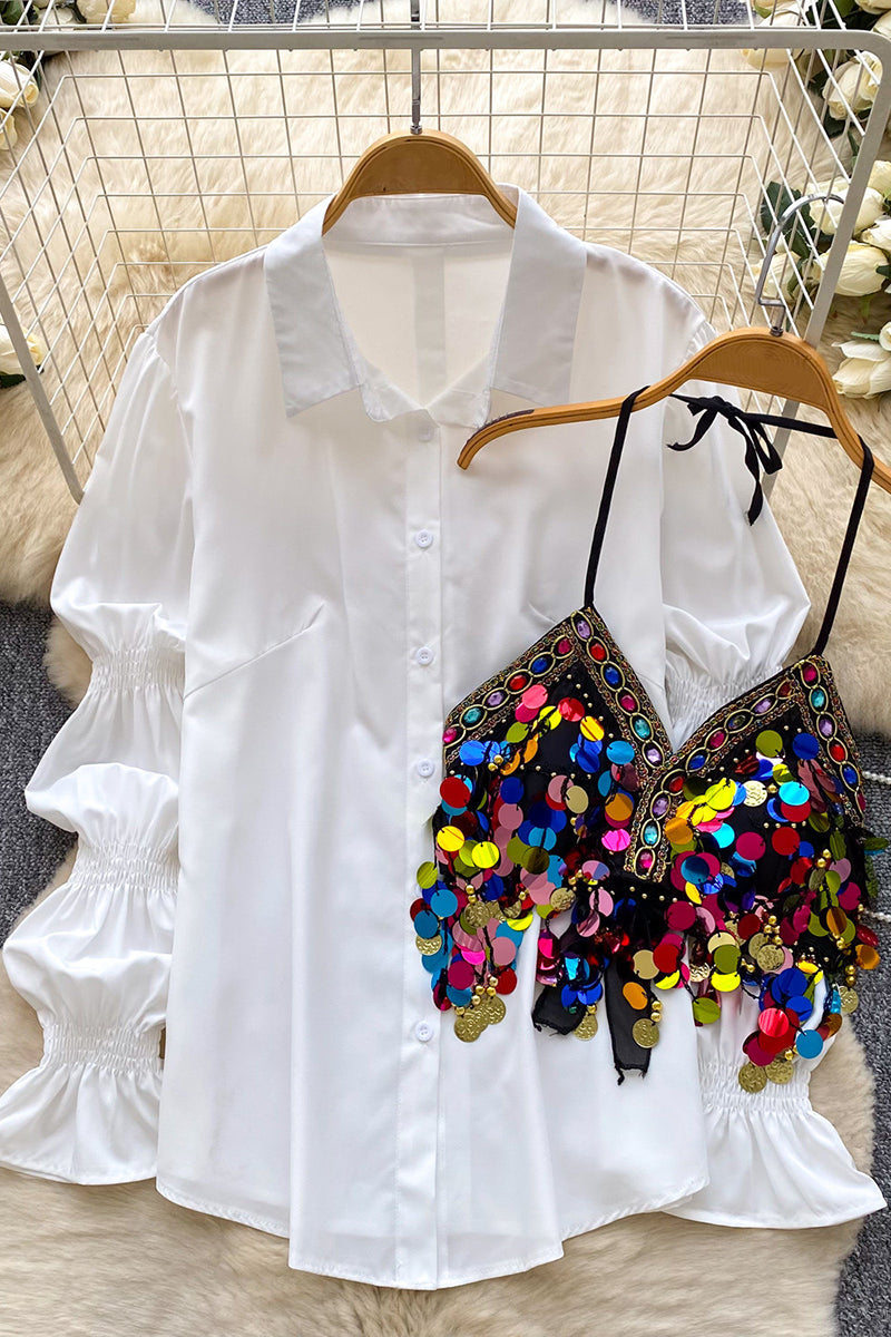 Embellished Sequin Ruched Sleeve Blouse
