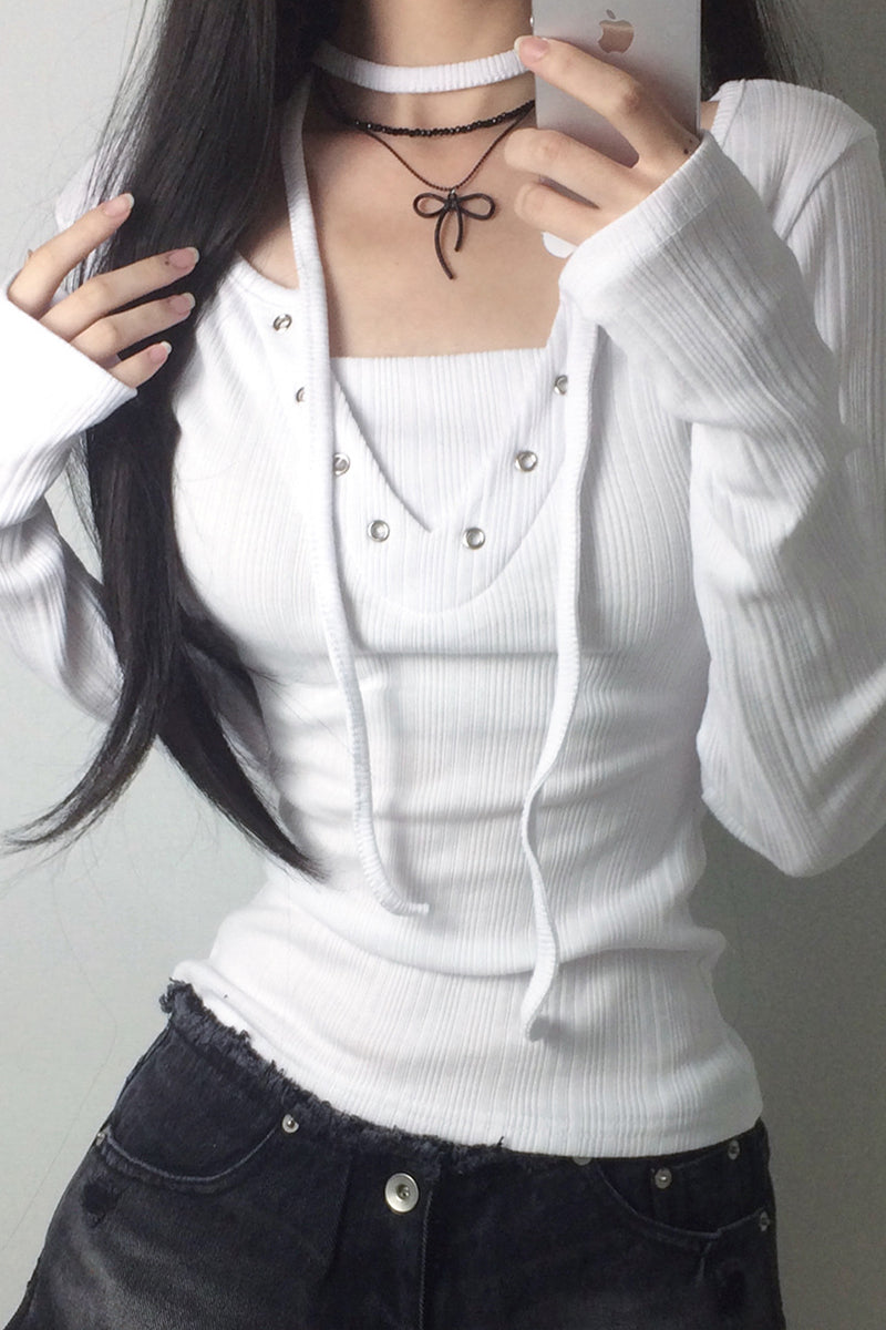 Lace-Up Long Sleeve Ribbed T-Shirt