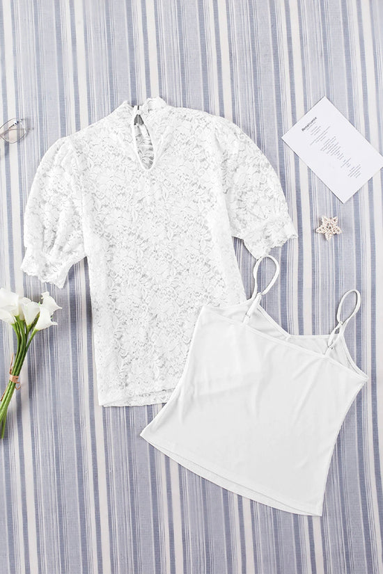 High Neck Lace Short Sleeve Blouse Set