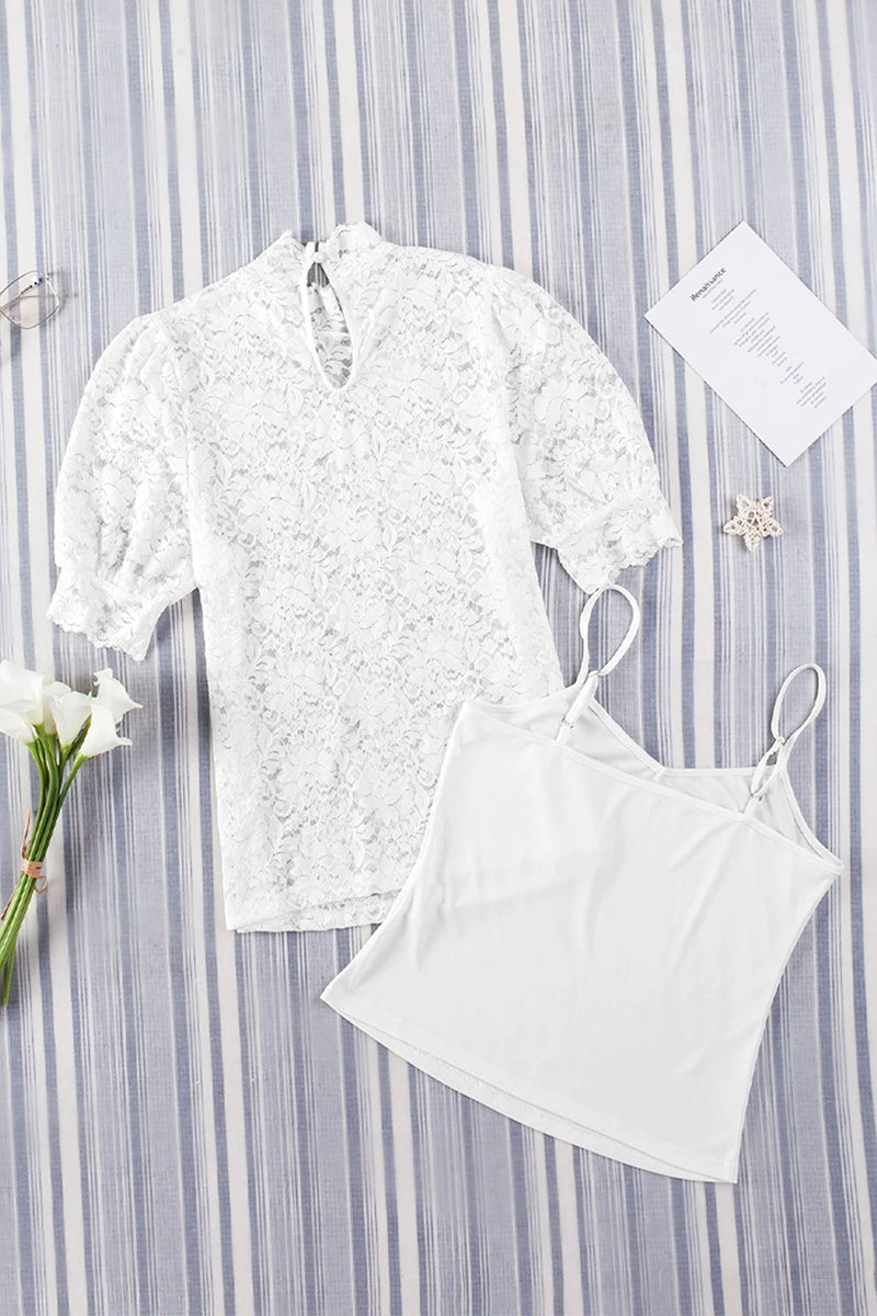 High Neck Lace Short Sleeve Blouse Set