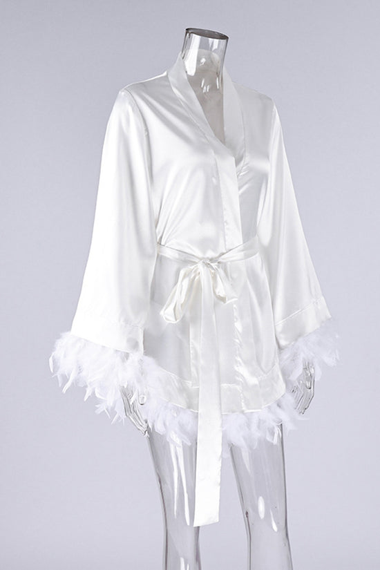 Feather Trim Belted Loungewear Robe