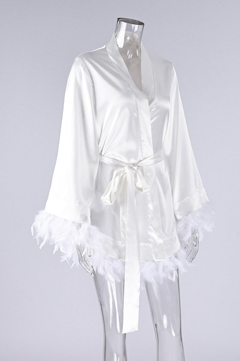 Feather Trim Belted Loungewear Robe