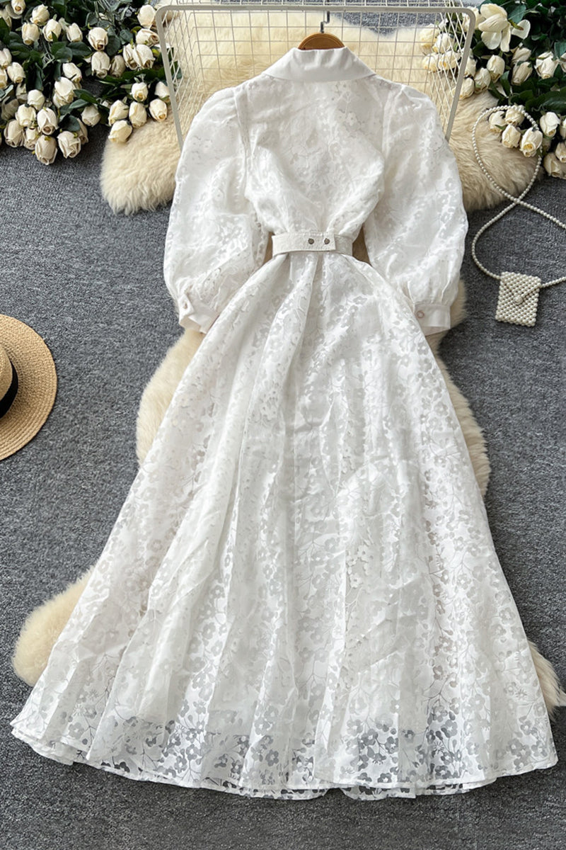 Elegant Floral Collared A-Line Midi Dress