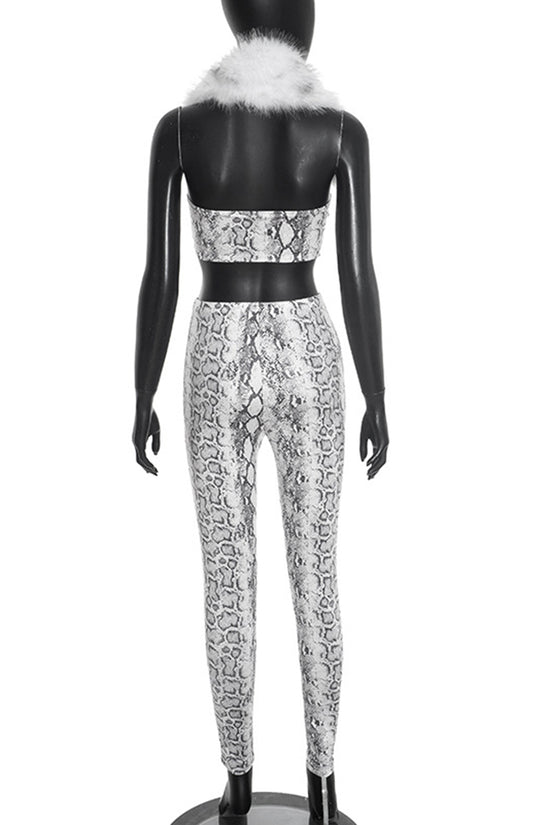 Snake Print Fur Collar Pants Set