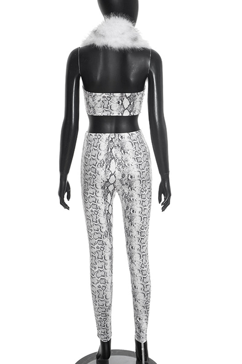 Snake Print Fur Collar Pants Set