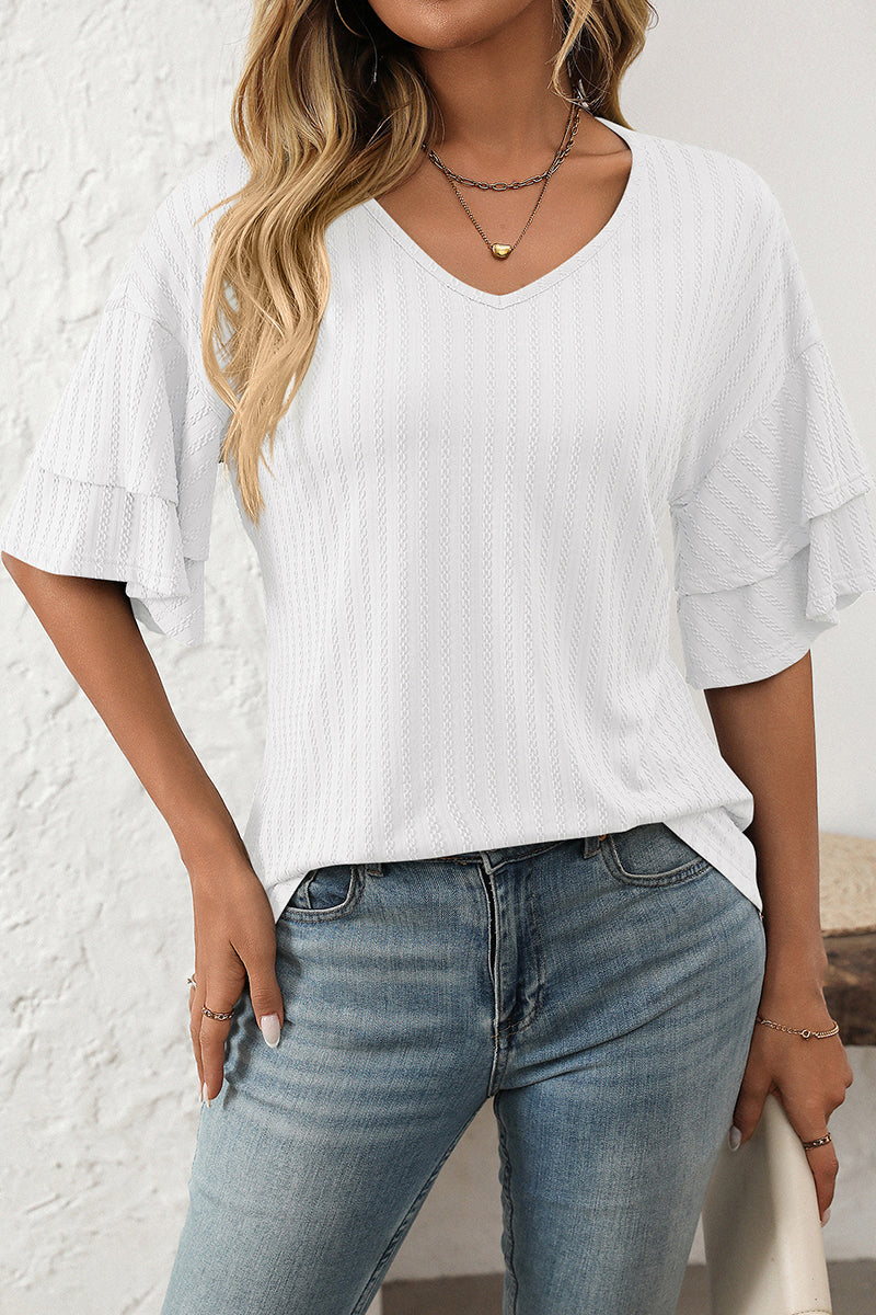 Ruffle Sleeve V-Neck T-Shirt