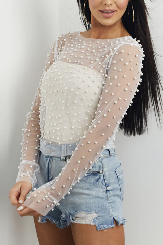 Pearl Embellished Mesh Long Sleeve Top