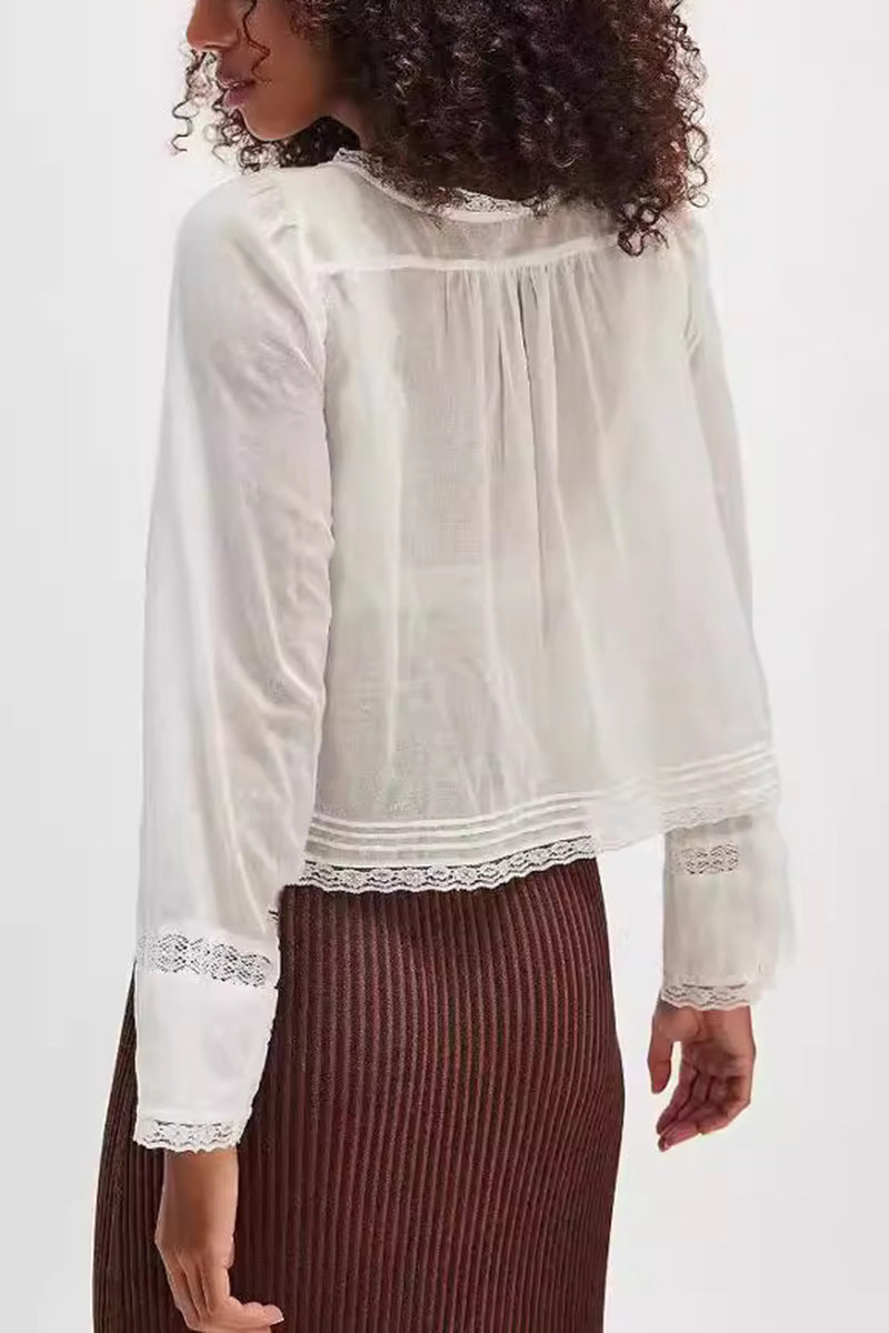 Flowy Lace Trimmed Long Sleeve Blouse