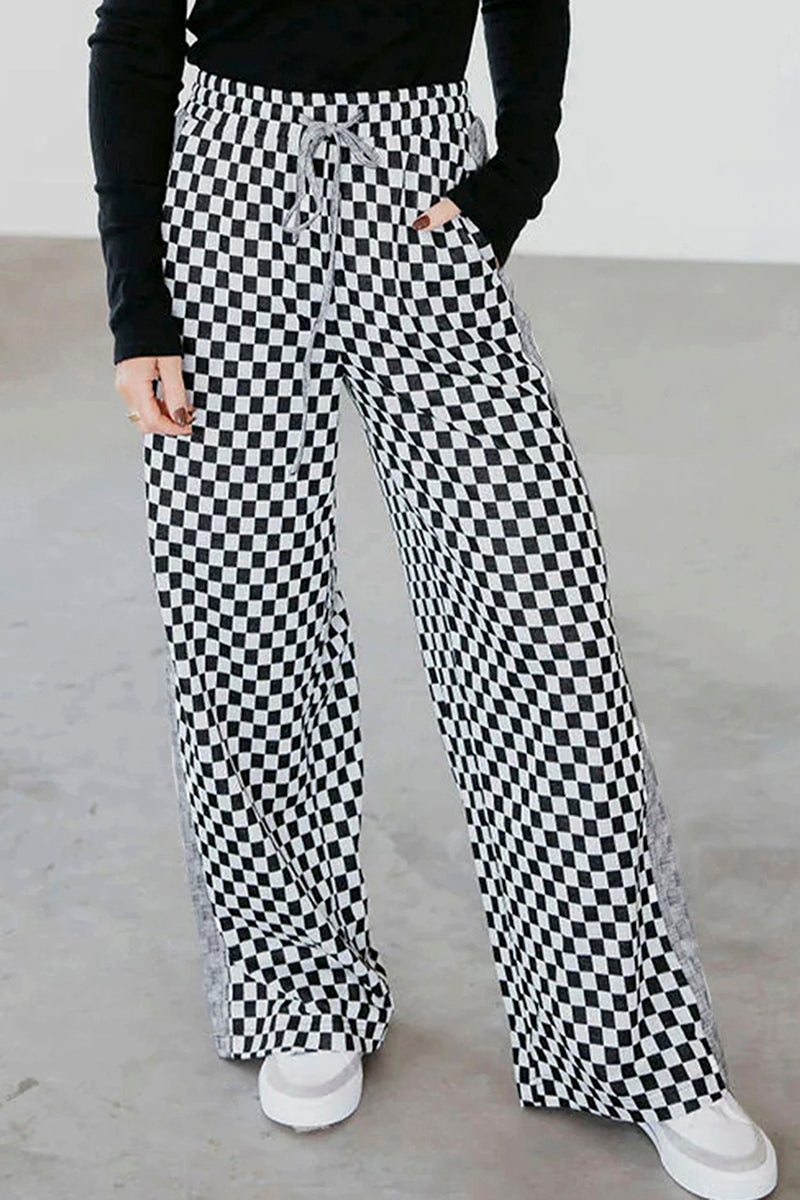 White Checkerboard Drawstring Waist Casual Pants