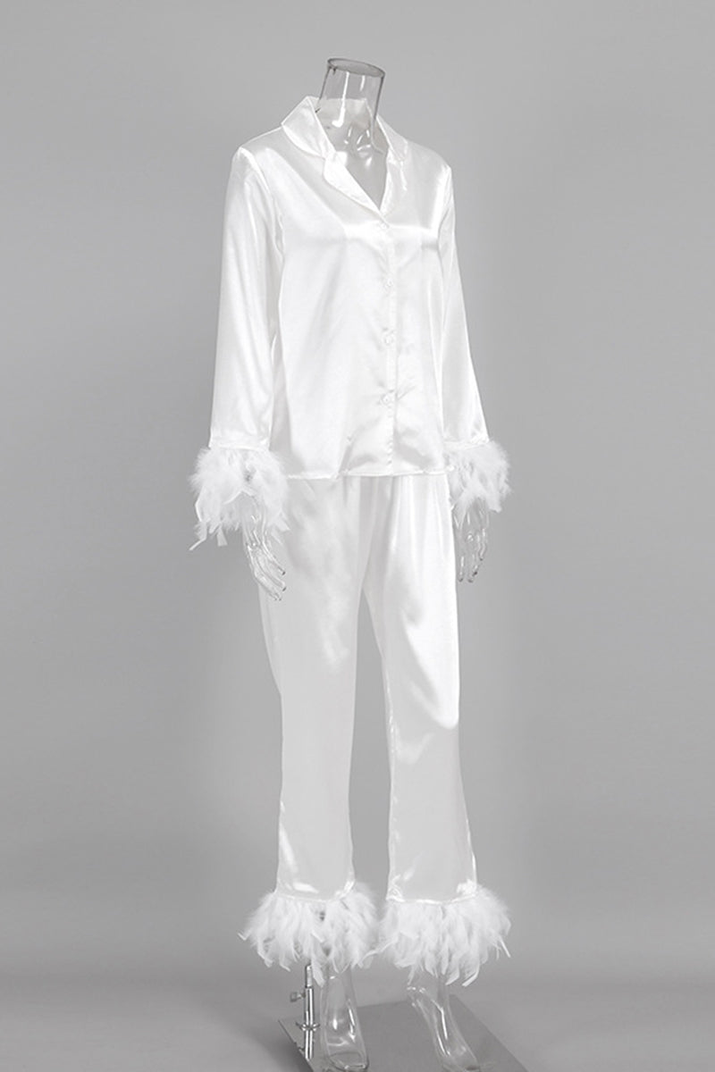 Feather Trim Buttoned Loungewear Set