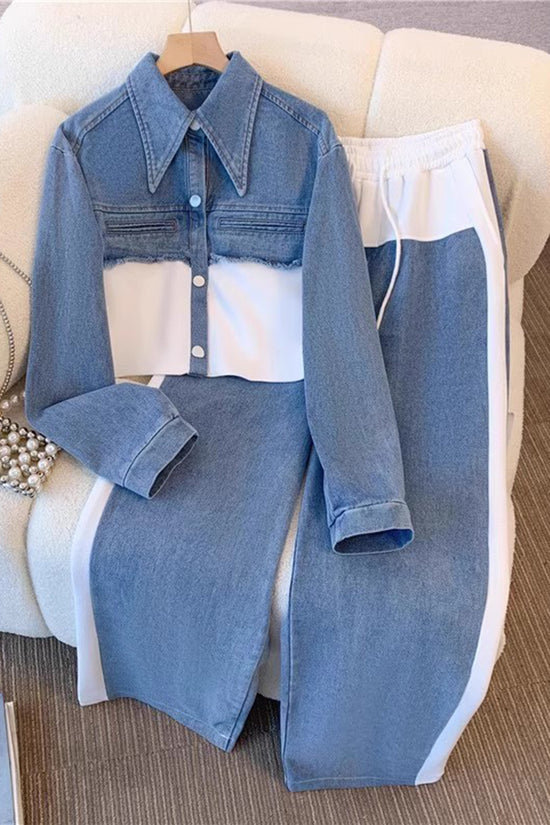Stylish Denim Patchwork Two-Piece Set