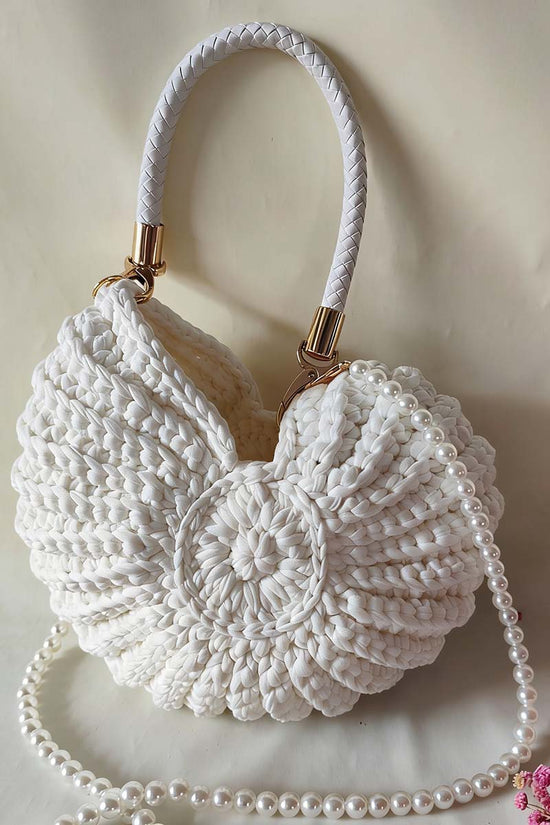 Chic Knit Handbag with Pearl Strap