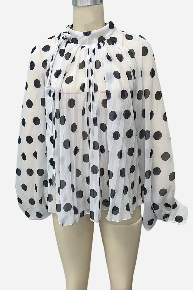 Polka Dot Ruffled Blouse with Flowing Sleeves