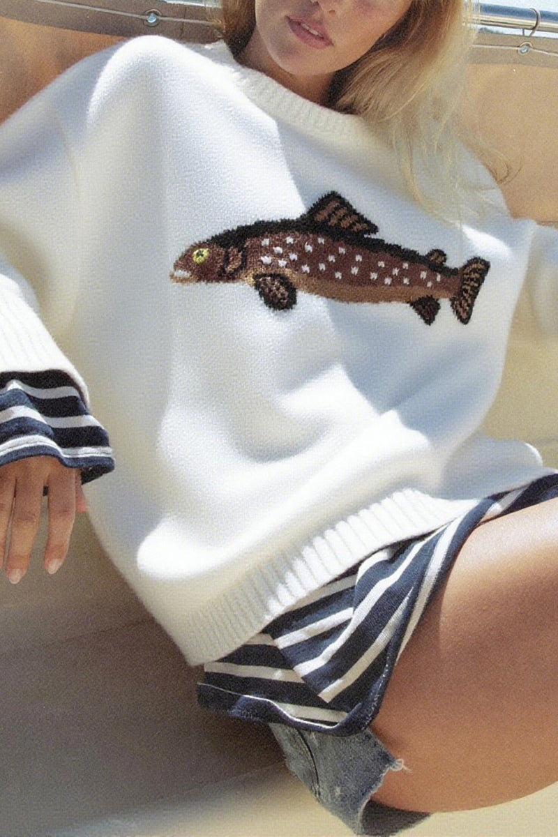 Fish Motif Crewneck Sweater