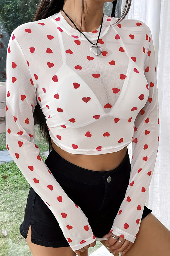 Heart Print Sheer Long Sleeve Top