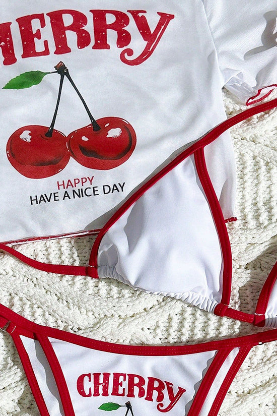 Cherry Print Bikini Set with Cover-Up