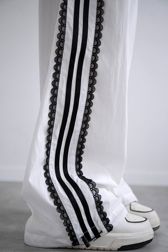 Striped Lace Trim Casual Pants