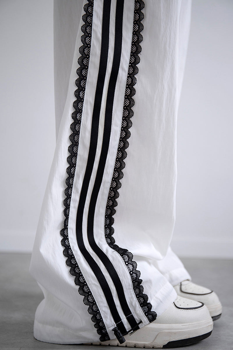 Striped Lace Trim Casual Pants