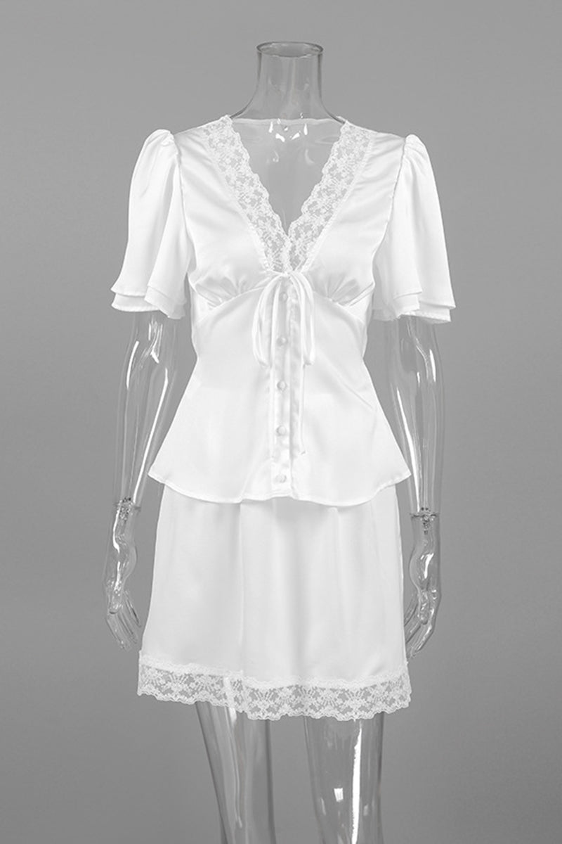 Elegant Lace Trim Skirt Set