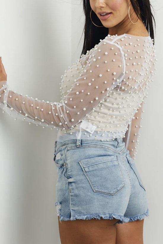 Pearl Embellished Mesh Long Sleeve Top