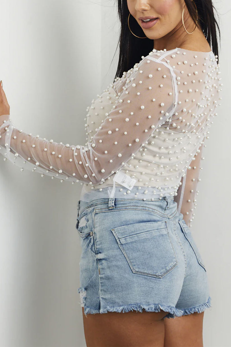 Pearl Embellished Mesh Long Sleeve Top