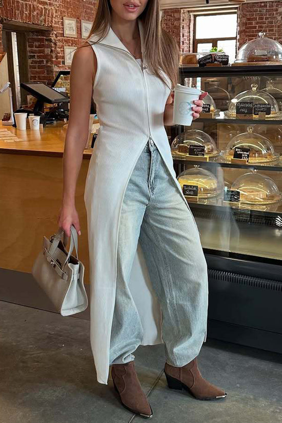 Zip-Up Sleeveless Ribbed Maxi Dress