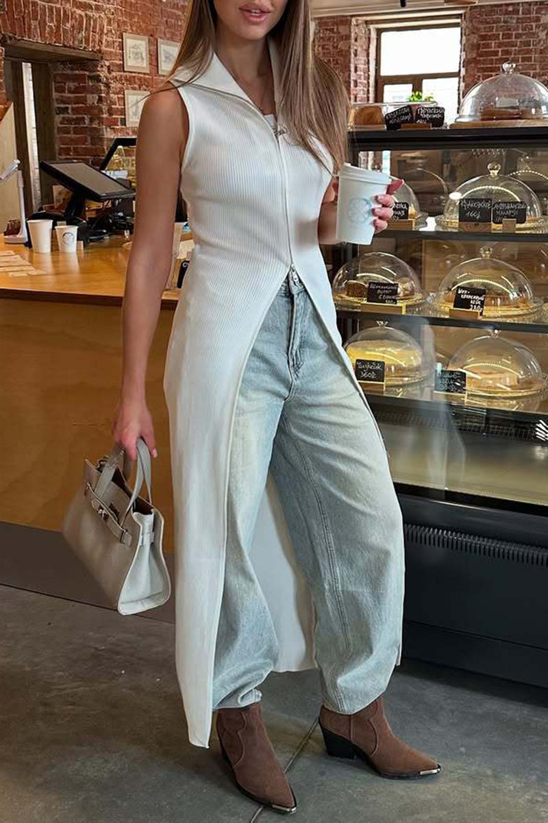 Zip-Up Sleeveless Ribbed Maxi Dress