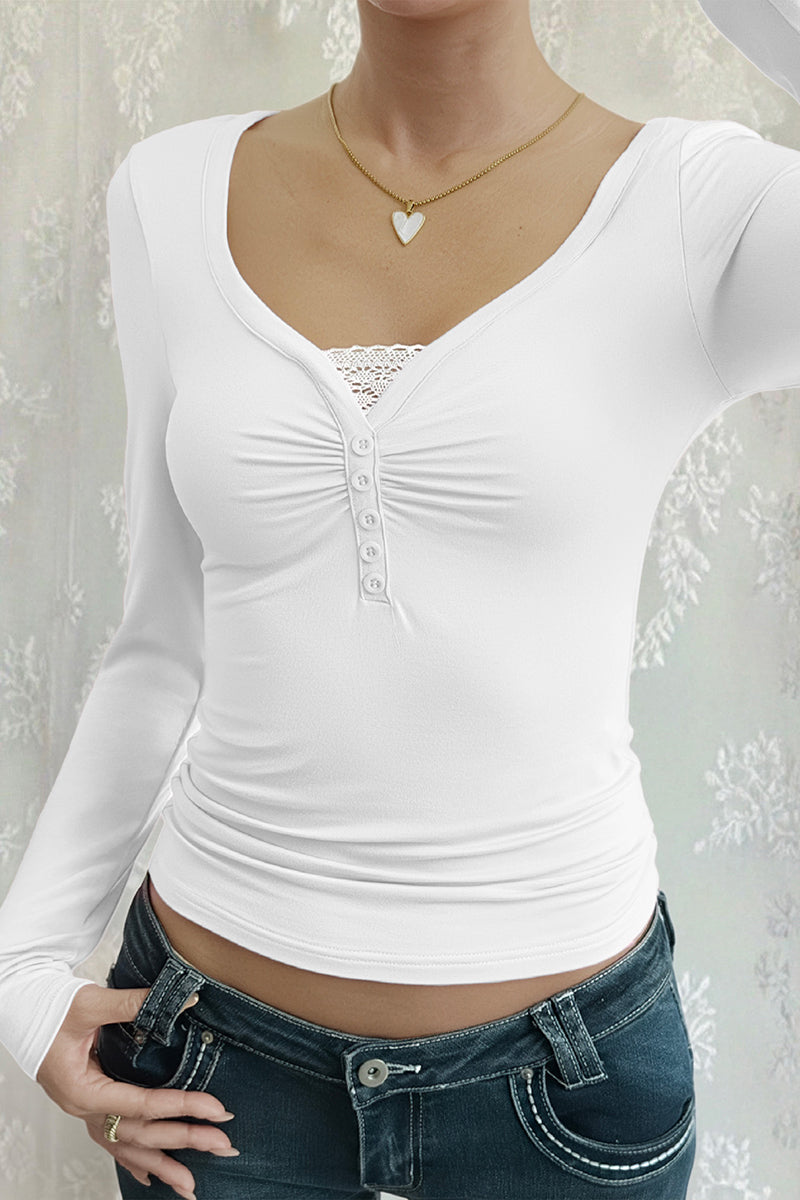 V-Neck Buttoned Long Sleeve Top