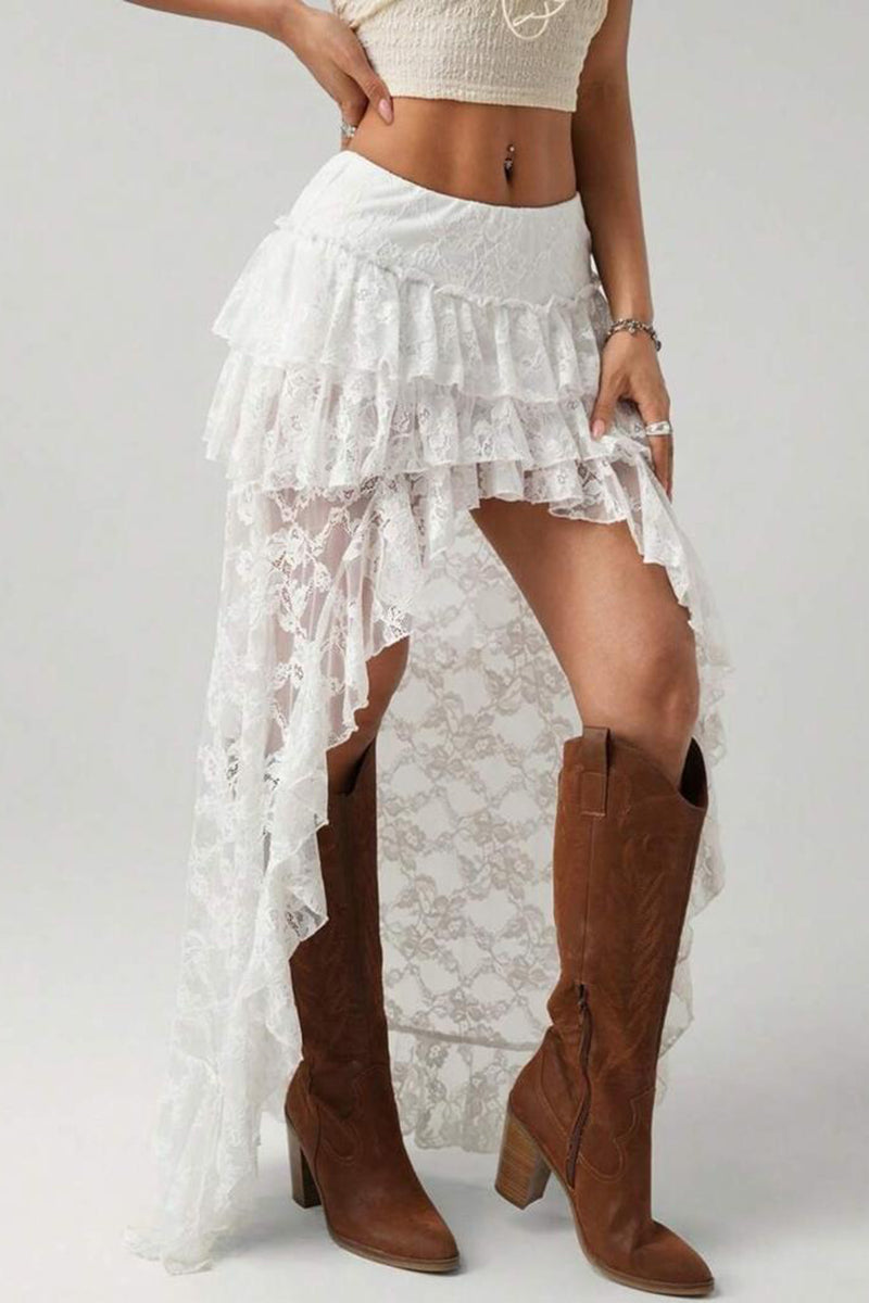 Ruffled Asymmetrical High Low Skirt