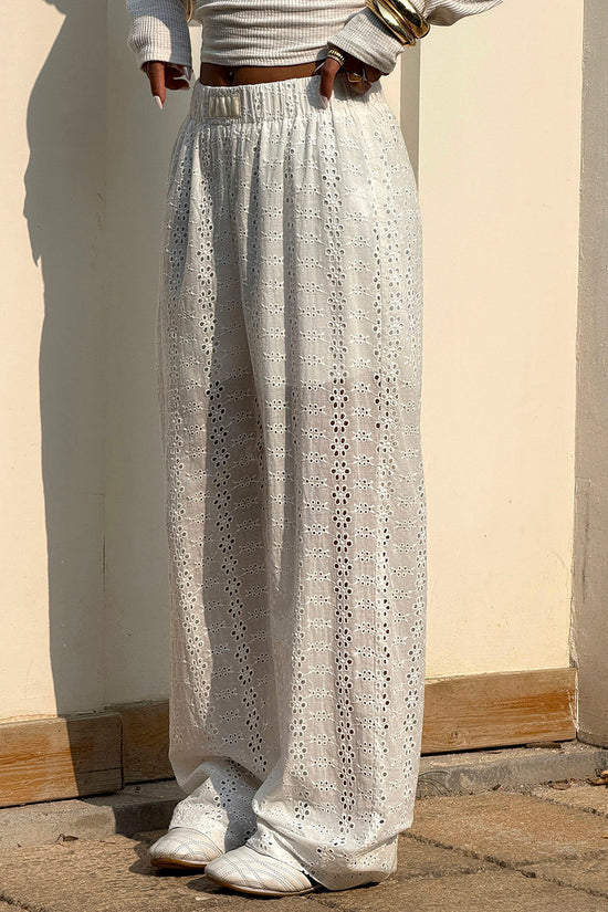 Eyelet Design Casual Wide-Leg Pants