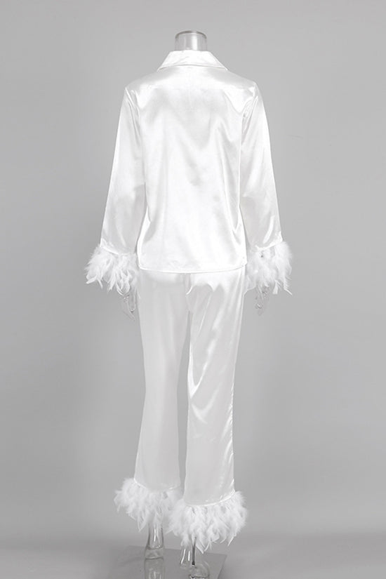 Feather Trim Buttoned Loungewear Set