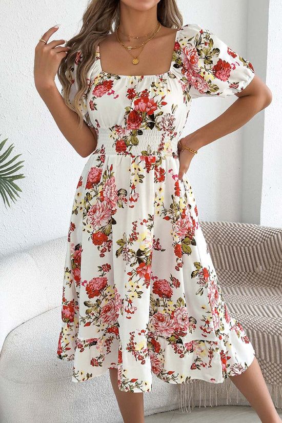 Off-Shoulder Floral Puff Sleeve Dress