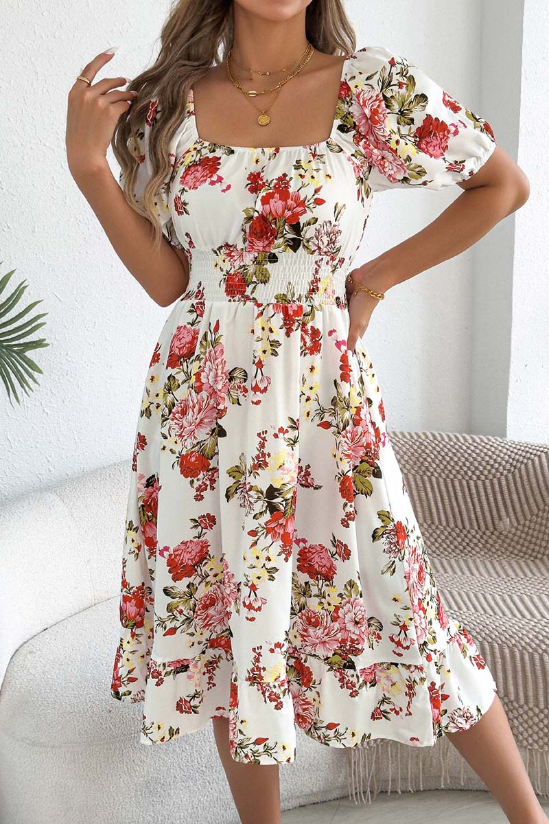 Off-Shoulder Floral Puff Sleeve Dress