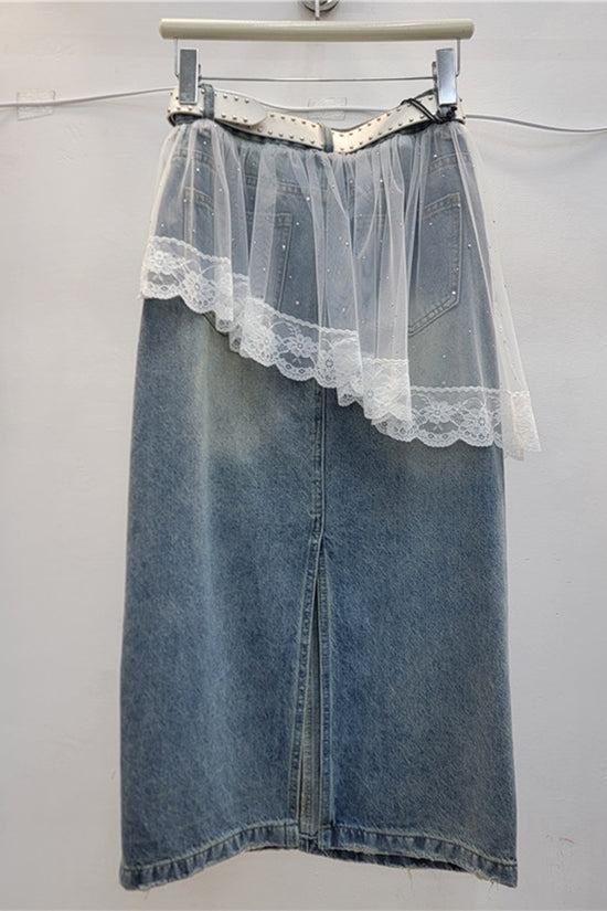 Chic Denim Skirt with Lace Overlay
