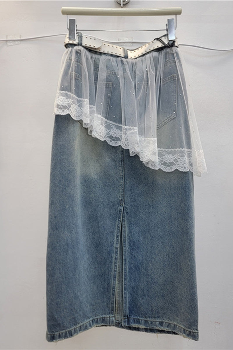 Chic Denim Skirt with Lace Overlay
