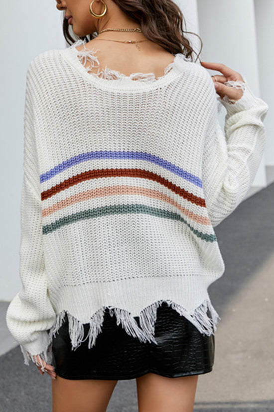 Striped V-Neck Distressed Sweater