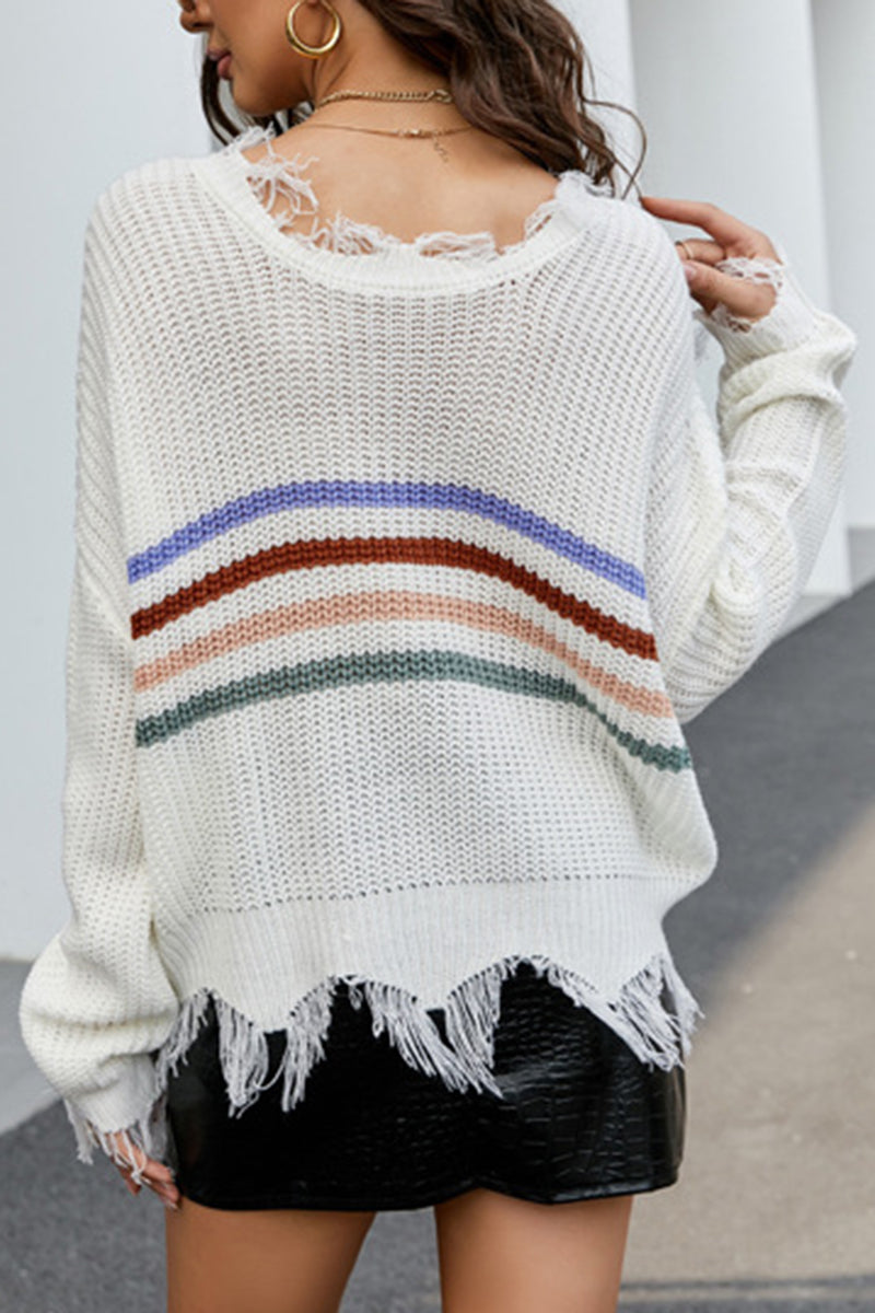 Striped V-Neck Distressed Sweater