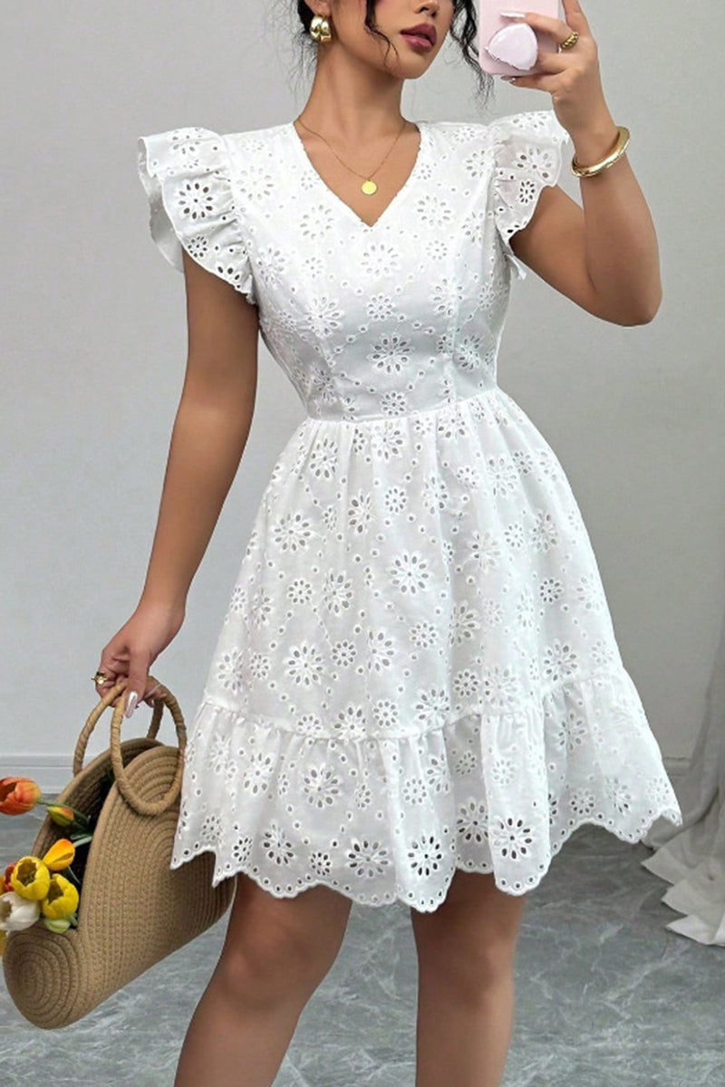 Eyelet Ruffle Sleeve V-Neck Dress