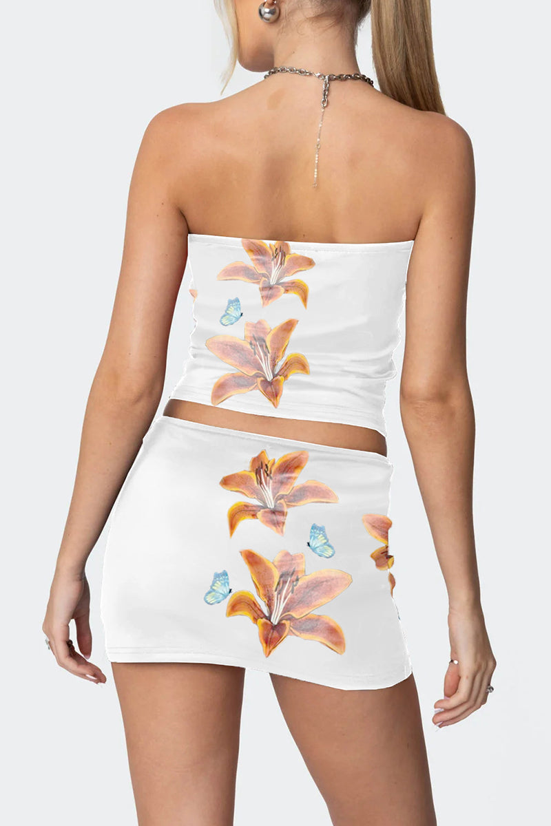 Floral Print Strapless Skirt Set