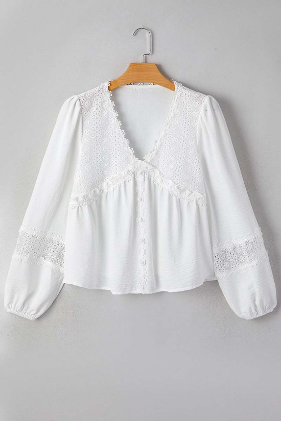 Solid Floral Guipure Lace   Long Sleeve Blouse