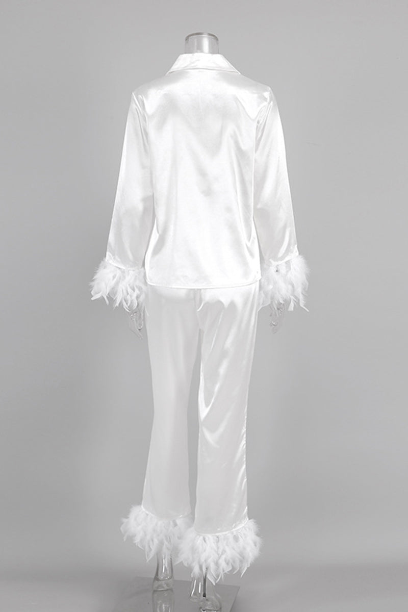 Feather Trim Buttoned Loungewear Set