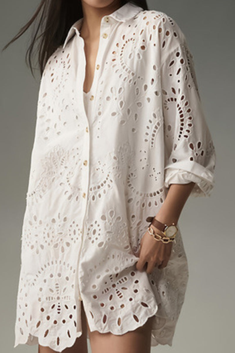 Eyelet Cutout Long Sleeve Shirt