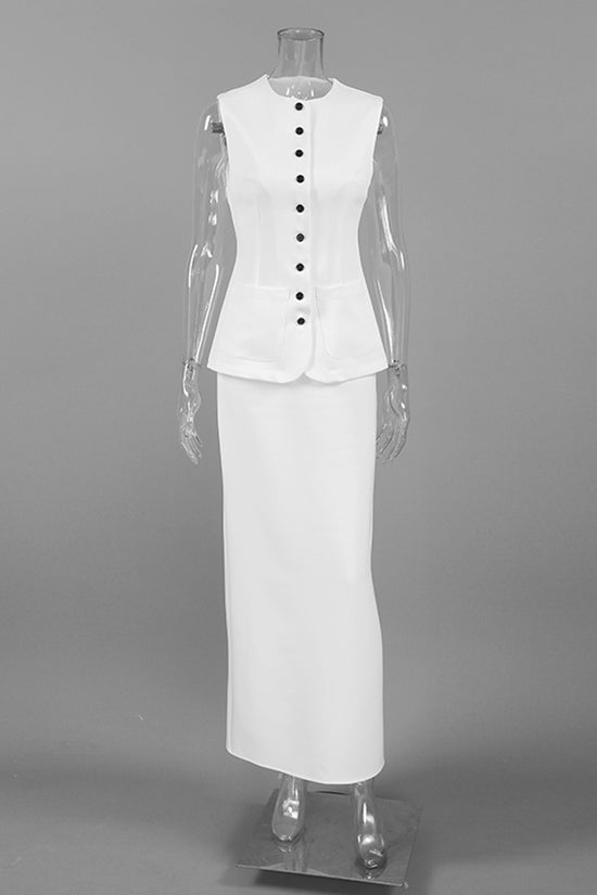 Buttoned Sleeveless Skirt Set