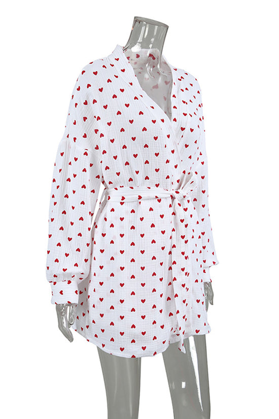 Heart Patterned Tie Waist Loungewear Set