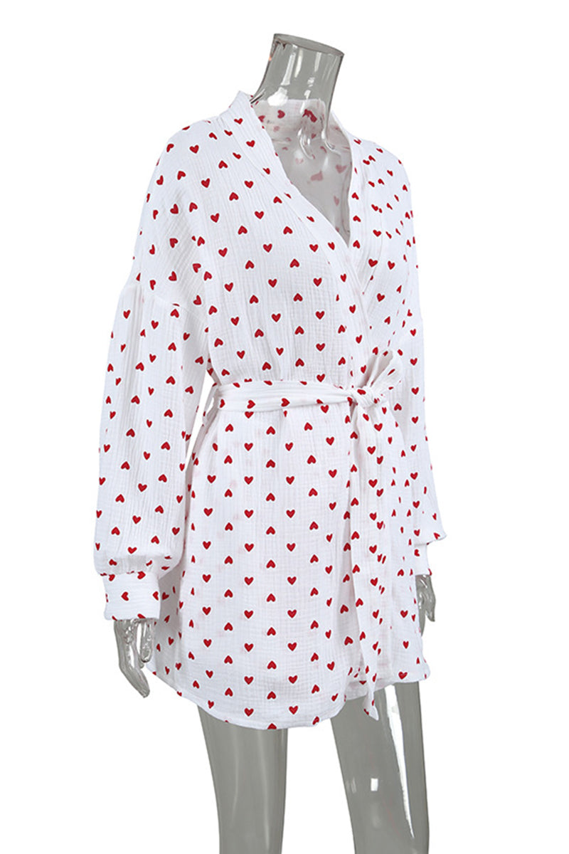 Heart Patterned Tie Waist Loungewear Set