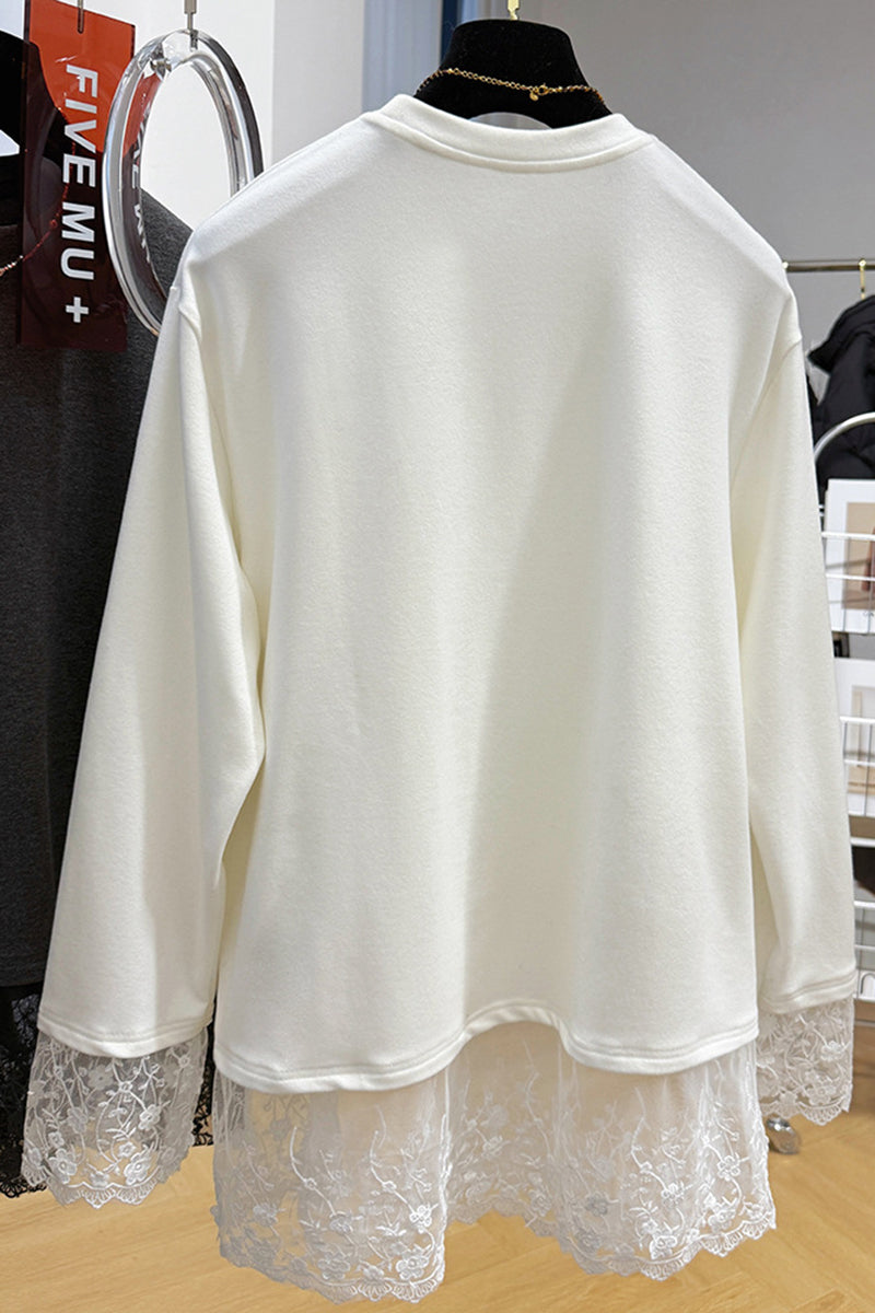Lace Trim Long Sleeve Loose Fit Top