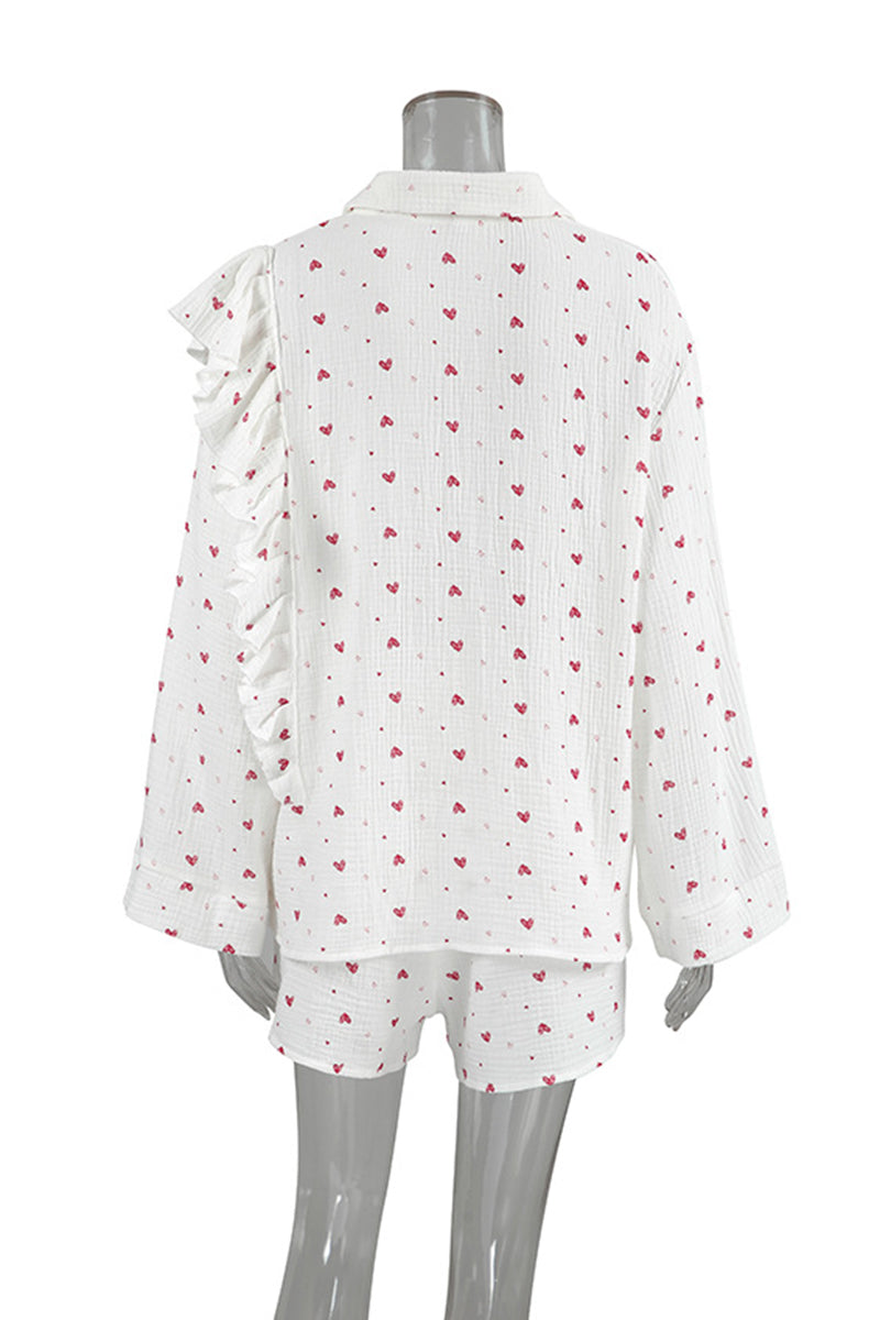 Heart Print Ruffle Pajama Set
