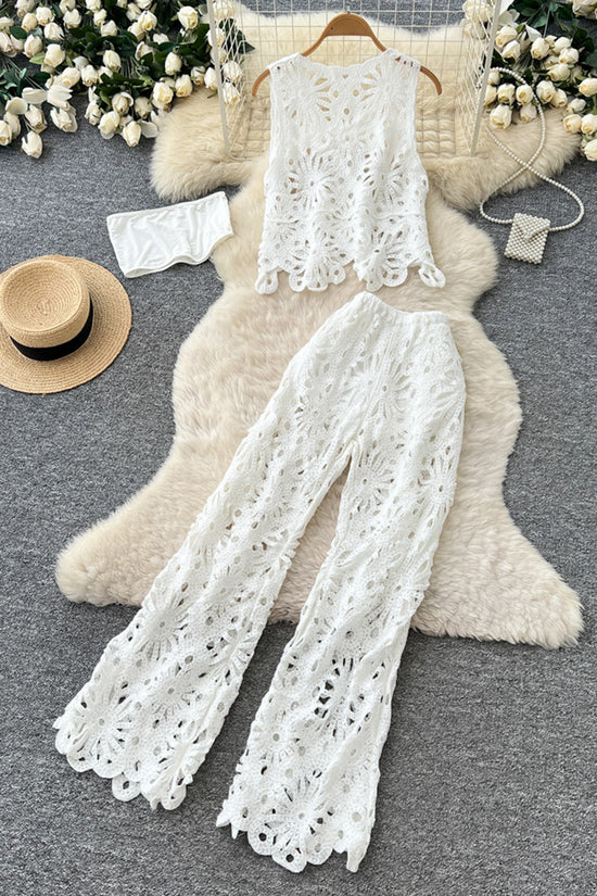 Floral Crochet Sleeveless Pants Set