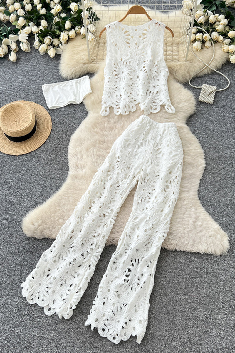 Floral Crochet Sleeveless Pants Set
