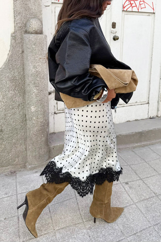 Polka Dot Lace Trim Midi Skirt